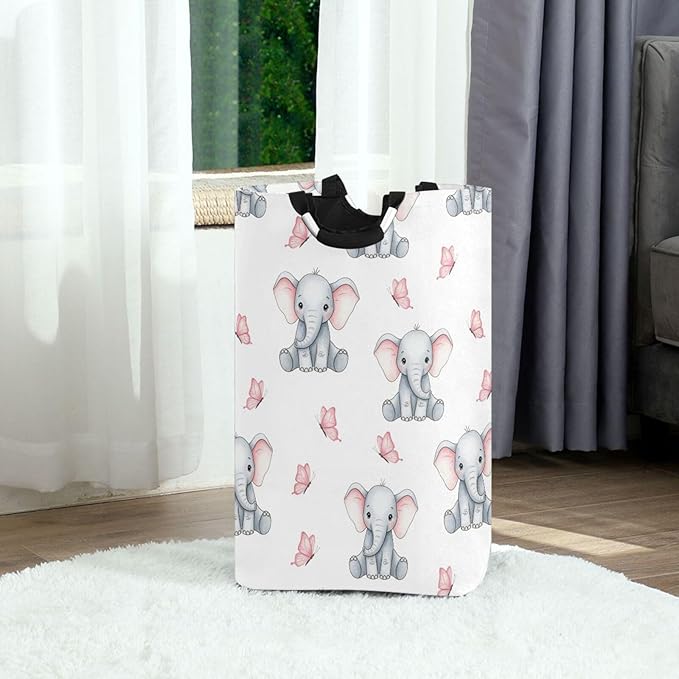 Laundry Hamper Basket Elephant Butterfly White Storage Basket Collapsible Laundry Bag with Handle Decorative Blanket Basket for Dirty Clothes Living Room Bathroom