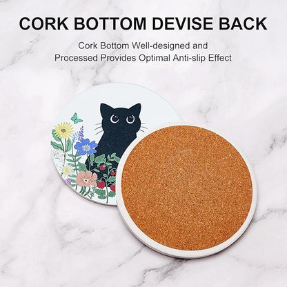 SHIYUE 6 Pack Curious Cat Coasters with Holder, Absorbent Ceramic Coasters, Drinks Coffee Table Home Decor Housewarming Gift, 4 Inches(Colorful Flower)