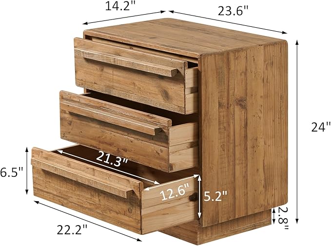 HOKYHOKY Reclaimed Solid Wood Nightstand-24 Inches Large End Table with 3 Drawers, Pre-Assembled Farmhouse Bedside Tables for Living Room, Bedroom