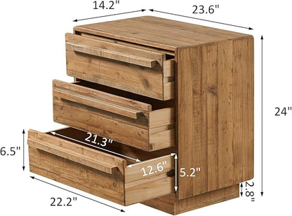 HOKYHOKY Reclaimed Solid Wood Nightstand-24 Inches Large End Table with 3 Drawers, Pre-Assembled Farmhouse Bedside Tables for Living Room, Bedroom