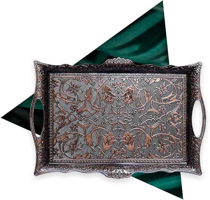 Alisveristime Ottoman Turkish Zamak Serving Tray with Traditional Motifs, Ideal for Coffee and Tea - Six Person Tray (14.5 x 9.85 in) (Copper)