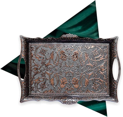 Alisveristime Ottoman Turkish Zamak Serving Tray with Traditional Motifs, Ideal for Coffee and Tea - Six Person Tray (14.5 x 9.85 in) (Copper)