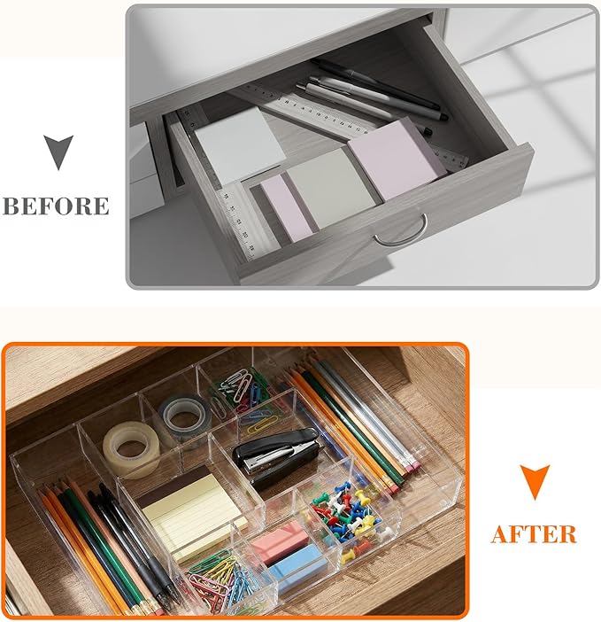 Briwooody Large Acrylic Desk Deep Drawer Organizer with Adjustable Dividers, Anti-Skip Clear Desk Top Organizer Tray for Pens, Desktop, Office, Bathroom, Kitchen, Makeup Supplies(10 Compartments)