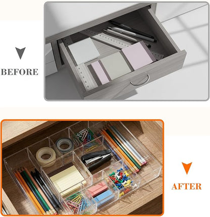 Briwooody Large Acrylic Desk Deep Drawer Organizer with Adjustable Dividers, Anti-Skip Clear Desk Top Organizer Tray for Pens, Desktop, Office, Bathroom, Kitchen, Makeup Supplies(10 Compartments)