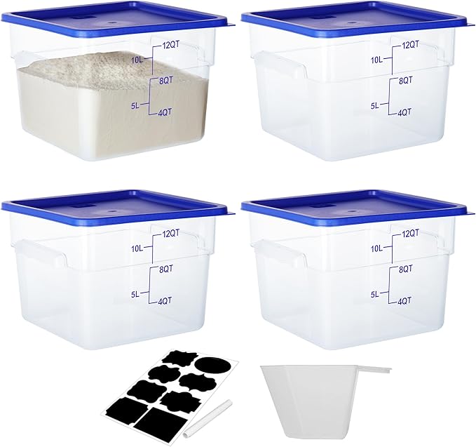 BIEAMA 4 Pack Food Storage Containers, 12 Quart with Lids, Square Commercial Containers with Scale, NSF, Polycarbonate, Clear