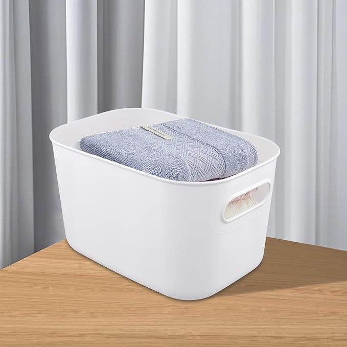 HOZEON 10 Pack White Plastic Storage Bins with Handle, Stackable Cupboard Organiser Pantry Storage Boxes for Shelves, Drawers, Bathroom, 10 x 7 x 6 Inch