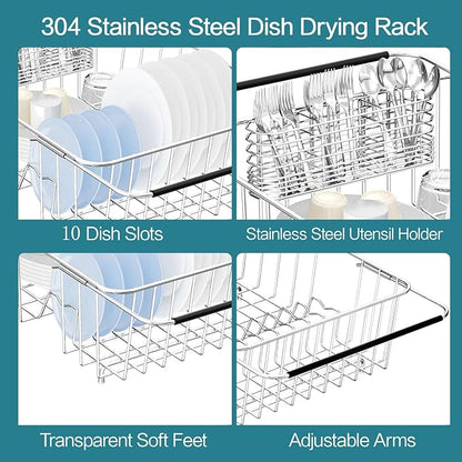 Large Dish Drying Rack in Sink Expandable, Adjustable304 Stainless Steel Metal Dish DrainerRack Organizer with Stainless Steel Utensil Holder Over Inside Sink Counter, Rustproof