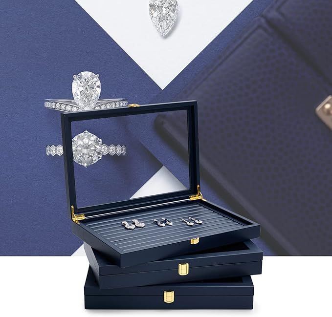 Oirlv Premium Blue Leather Rings Earrings Organizer Tray with Clear Lid Jewelry Display Box with Acrylic Lid Stackable Jewelry Box Drawer Inserts