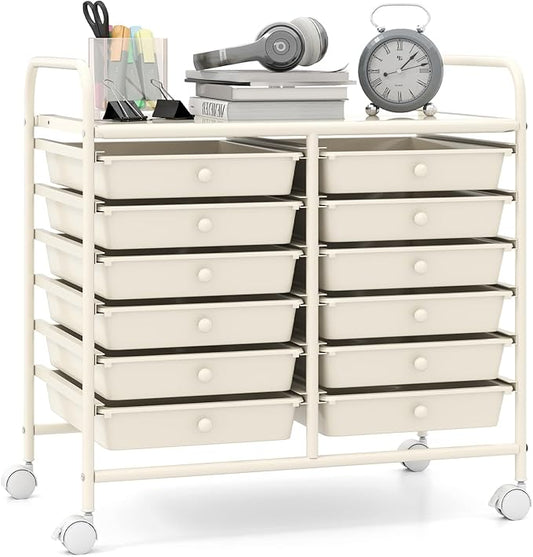 Giantex 12 Drawers Rolling Cart, Mobile Storage Drawer Cart, Classroom Organizer Cart for Office School Supplies Tools Scrapbook Paper Craft Small Printer, Utility Cart on Wheels, White