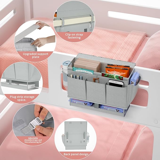Frjjthchy Bedside Caddy, Bed Organizer with 11 Pockets and Power Strip Holder,Versatile Bedside Storage Caddy for Home,Dorm,Bunk,Hospital,Crib Bed (Grey)