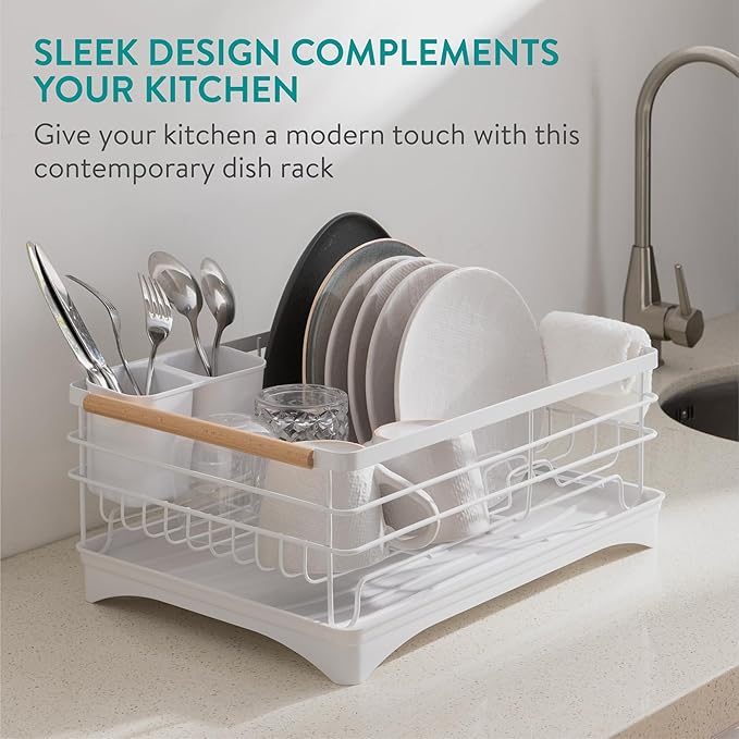 Navaris Dish Drainer Rack with Wooden Handle - Metal Draining Board with Drip Tray - Plate Drying Rack with Utensil Holder - Washing Up Drainers for Kitchen Sink - White