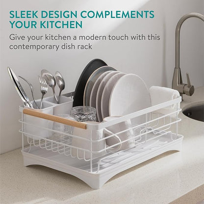 Navaris Dish Drainer Rack with Wooden Handle - Metal Draining Board with Drip Tray - Plate Drying Rack with Utensil Holder - Washing Up Drainers for Kitchen Sink - White