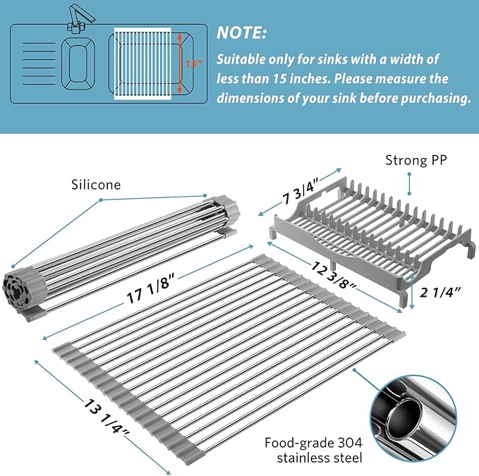 EMIERAI Upgraded Roll Up Dish Drying Rack(17.1” x 13.1”) Over Sink Dish Drainer Foldable Stainless Steel Trivet for Kitchen Countertop