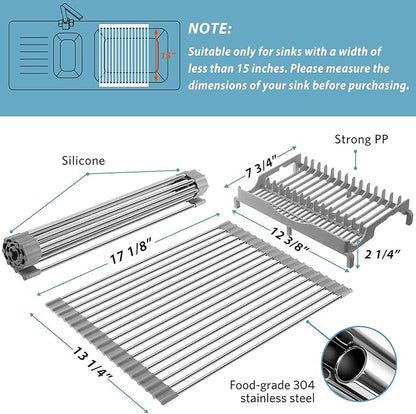 EMIERAI Upgraded Roll Up Dish Drying Rack(17.1” x 13.1”) Over Sink Dish Drainer Foldable Stainless Steel Trivet for Kitchen Countertop