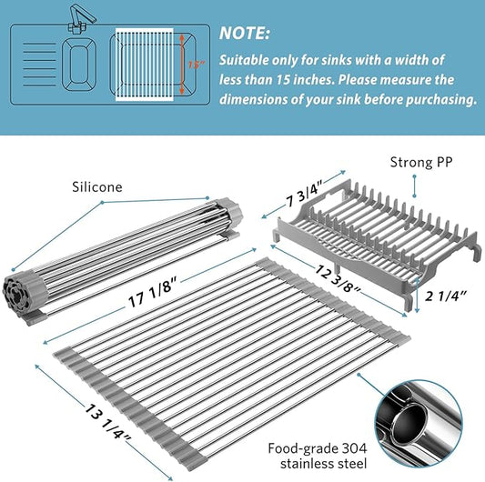 EMIERAI Upgraded Roll Up Dish Drying Rack(17.1” x 13.1”) Over Sink Dish Drainer Foldable Stainless Steel Trivet for Kitchen Countertop