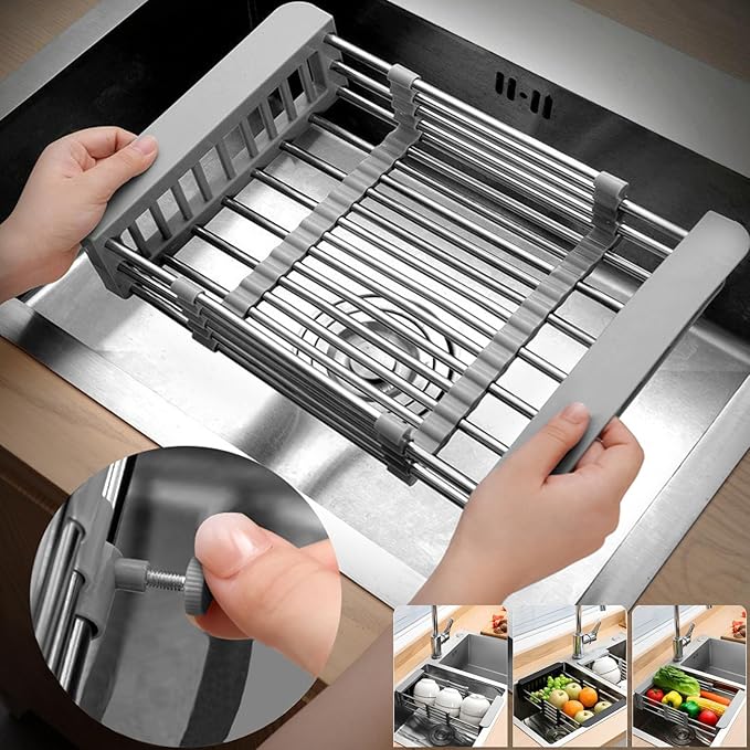Large Dish Drying Rack for Kitchen Counter/Sink, Expandable Stainless Steel Sink Organization and Storage Essentials, Home and Appartment Decor, 8.86" W x 11.22"-18.5" L,Grey