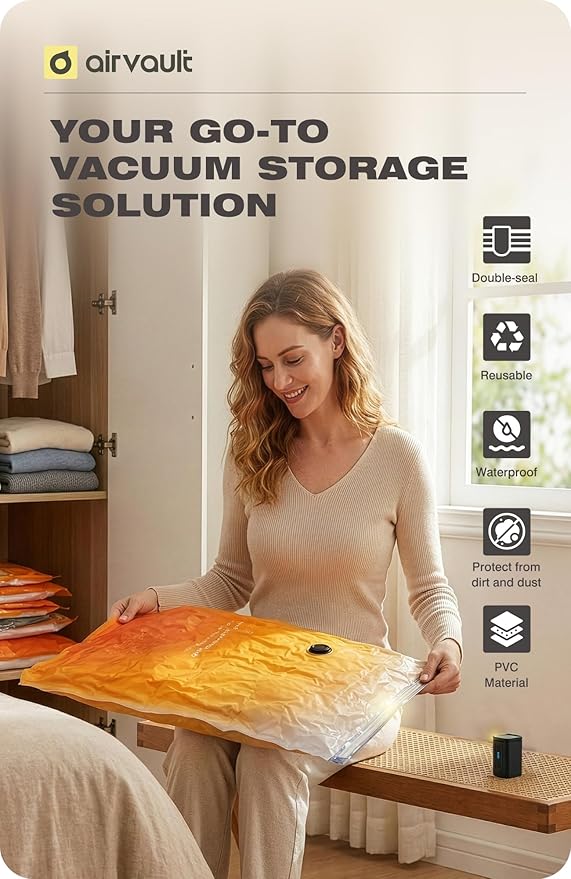 AirVault Vacuum Storage Bags for Travel & Home - Space Saver Compression Packing Bags Set for Clothes, Blankets & Seasonal Storage (10 Large)
