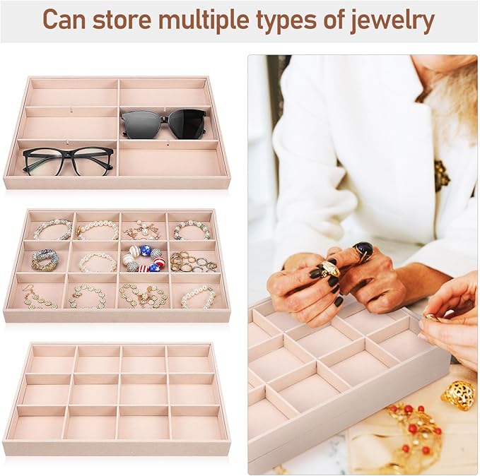 Zerodeko 2 Pcs Velvet Jewelry Organizer Tray with Adjustable Compartments Stackable 12-Grid Jewelry Display Insert for Drawer Storage and Home Decor
