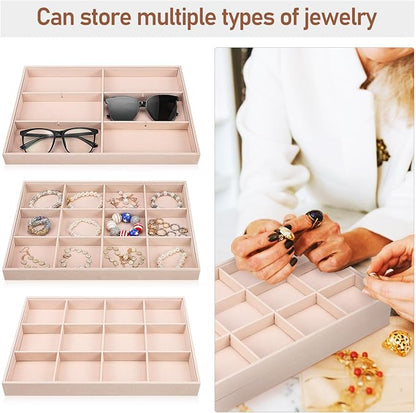 Zerodeko 2 Pcs Velvet Jewelry Organizer Tray with Adjustable Compartments Stackable 12-Grid Jewelry Display Insert for Drawer Storage and Home Decor
