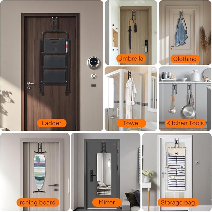 FYY Over The Door Hooks - 2 Pack Heavy Duty Triple-Hook Organizer Hanger with Non-Slip Rubber for Towels, Clothes, Hats & Bags Use in Bathroom, Bedroom, Kitchen - Fits Interior Doors Up to 1.6" Black