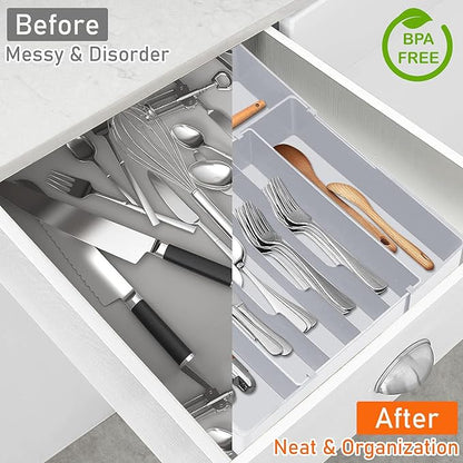 Silverware Organizer for drawer - Adjustable Kitchen Drawer Organizer Utensil Drawer Organizer, Expandable Silverware Tray for Drawer Utensil Organizer for Forks, Knives, Grey