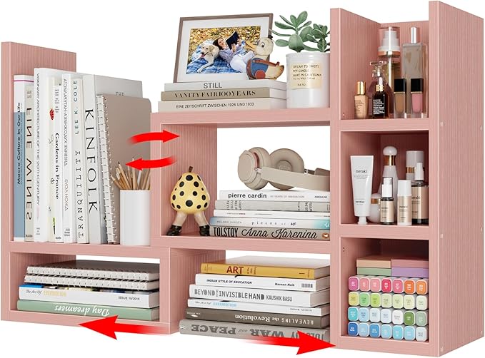 Desk Shelves Desktop Orgnizer Shlef - Pink Office Organization for Top of Desk Organizers and Accessories Corner Bookshelf Table Top Shelving Small Hutch Decorations for Office