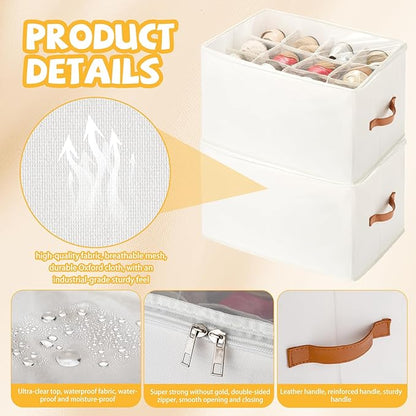 4 Pack Shoe Organizer for Closet - with Transparent Cover and Sturdy Handles shoe storage - Foldable Shoe Storage Containers Fits to 36-48 Pairs 4 Pack (Beige)
