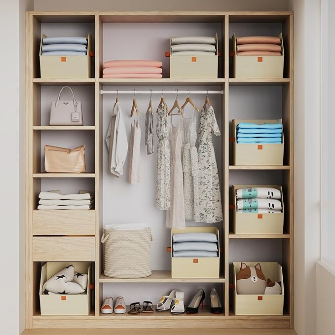 Fabric Closet Storage Cubes - 8 Pack Square Storage Bins with Dual Handles for Clothes, Towels, Toys, Cube Storage Organizers for Bedroom, Nursery, Shelves, Closet, Small Spaces, Light Beige