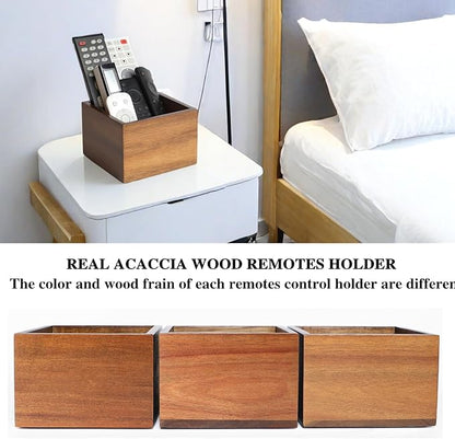 Remote Control Holder Caddy,Farmhouse Acacia Wood TV Remote Holder, Vintage Desk Caddy, Remote Organizer for Table (Brown for 3+ Remote Controls)