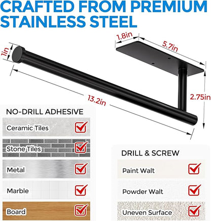 zaa Paper Towel Holder - 2 Pack Under Cabinet Paper Towel Holder, Fits Mega Paper Towel Rolls, Wall Mount Rack for Kitchen, Bathroom, RV, Adhesive or Screw Installation, Black