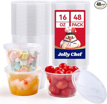 JOLLY CHEF Deli Food Storage Containers with Lids 16 OZ 48 Set, Slime, Soup, Meal Prep Containers, BPA Free,Microwavable, Freezer Safe,Takeout Meal Prep Storage