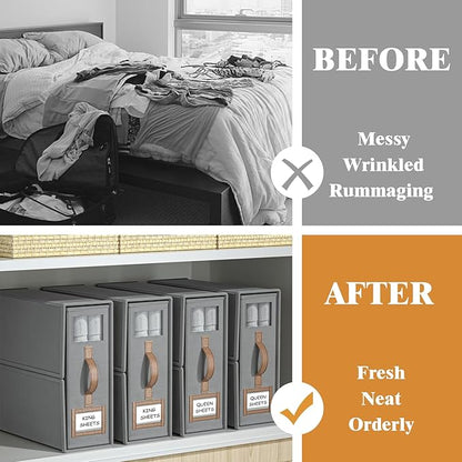 8 Pack Foldable Bed Sheets Set Organizers and Storage(King & Queen Size),Linen Fabric Closet Organizers with Window,Folding Bedding Storage Box for Bedsheets and Pillow Cube Organizer-Gray