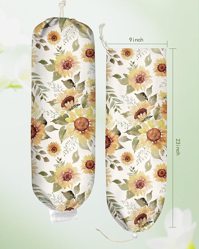 Plastic Bag Holder Organizer - 1 Pack Reusable Canvas Grocery Bags Holder Hanging Wall Cute Aesthetic Shopping Bag Storage Dispenser with Drawstring Closure for Kitchen Home, Sunflower