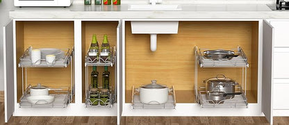 OCG 2 Tier Pull Out Cabinet Organizer (21.5" W x 21" D), Pull Out Drawers for Kitchen Cabinets, Pull Out Shelves for Base Cabinet Organization in Kitchen Bathroom Pantry, Chrome Finish