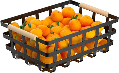 2 Pack X-Large Wire Metal Baskets Thick functional Storage Organizer Farmhouse fruit Bin with Wood Handles for Pantry Cabinets Rustic Kitchen Counter Closet Under Sink, Entryway- Black Upgraded
