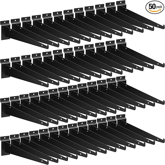 Oudain 12" Slatwall Shelf Bracket with Lip Heavy Duty Slat Wall Brackets Bulk Floating Metal Slatwall Accessories for Shelving Display Garage Kitchen Mounting Supplies(Black,50 Pcs)