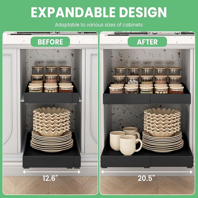 THMINS 2 Pack Expandable Pull Out Cabinet Organizer, 21" Depth, for Kitchen Cabinets, Upgrade 3 Slide Slide-Out Drawers, Adjustable Width 12.05" - 20.5", Black