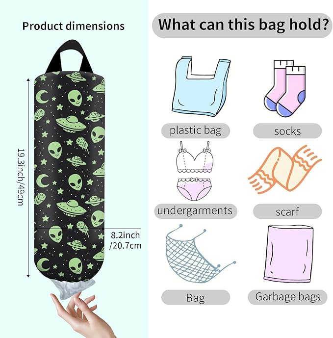 Plastic Bag Holder, Wall Mount Grocery Bag Organizer, Funny Hanging Trash Bag Storage Dispenser for Home Kitchen Cute Green Alien