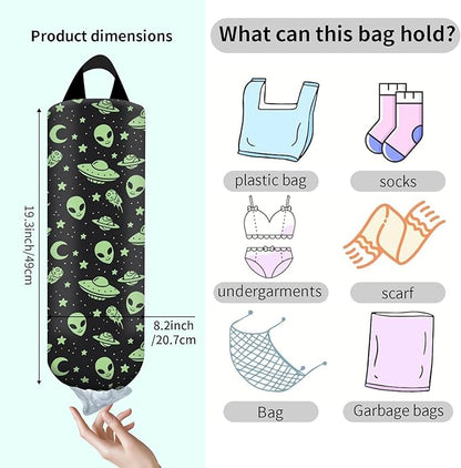 Plastic Bag Holder, Wall Mount Grocery Bag Organizer, Funny Hanging Trash Bag Storage Dispenser for Home Kitchen Cute Green Alien