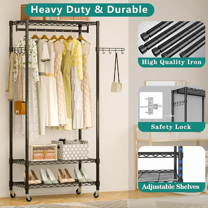 Heavy Duty Rolling Garment Rack, 3 Tiers Wire Shelves Adjustable Freestanding Portable Rolling Clothing Rack with Lockable Wheels, 29.5''L x 15.8''W x 78.8''H, Max Load 400 LBS