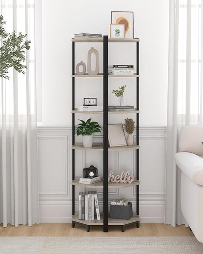 Corner Shelf Stand, Corner Bookshelf, Storage Standing Shelf Unit with Metal Frame, Plant Stand, Corner Bookcase for Living Room, Home Office, Bedroom, 6-Tier Greige CS06005B