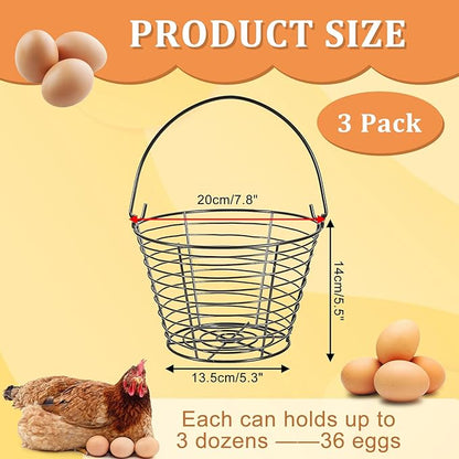 3 PCS 8" Black Round Wire Egg Baskets With Handle, Small Metal Egg Collecting Basket for Gathering Fresh Eggs, Chicken and Duck Eggs Hunting Basket Egg Holder Countertop