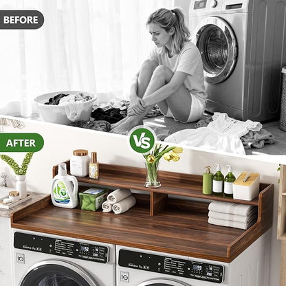 VOPEAK Washer and Dryer Countertop with Shelf, 2-Tier Washer Dryer Topper, 54" x 27.5" Spacious Laundry Countertop, Washing Machine Topper for Laundry Room Organization and Folding Clothes, Walnut