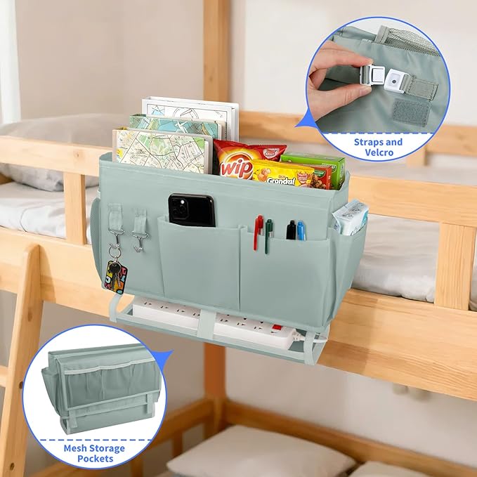 NINTHFIT Bedside Caddy for Dorm Bed Bedside Organizer, Bedside Storage with 10 Pockets and Power Strip Holder, Multifunctional Bedside Pocket for Home, College, Dorm, Bunk/Hospital/Crib Bed (Grey)