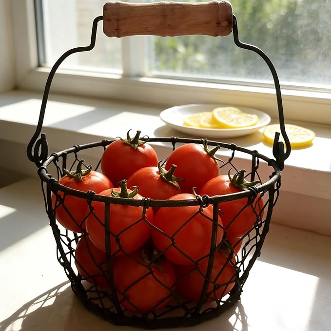 TAIANLE.Small Wire Egg Collecting Basket with Handle,Mini Metal Easter Quail Hunt Egg Basket for Gathering Fresh Egg,Round Farmhouse Vintage Countertop Holder,2 PCS