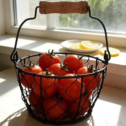 TAIANLE.Small Wire Egg Collecting Basket with Handle,Mini Metal Easter Quail Hunt Egg Basket for Gathering Fresh Egg,Round Farmhouse Vintage Countertop Holder,2 PCS