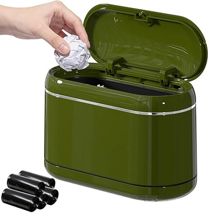 Mini Trash Can for Desk with 5 Rolls of Trash Bags, Small Press-Top Countertop Garbage Bin, Removable Waste Basket for Bedroom, Vanity, Coffee Table, Kitchen (Green Full-Lid)