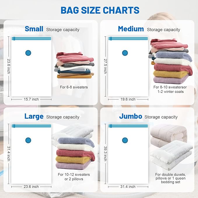 Vacuum Storage Bags for Clothing,With Electric Air Pump Space Saving Compression Bags,Waterproof, 80% Storage Reduction,20 Pack Vacuum Seal Bags (5 Jumbo, 5 Large, 5 Medium, 5 Small) for Clothes