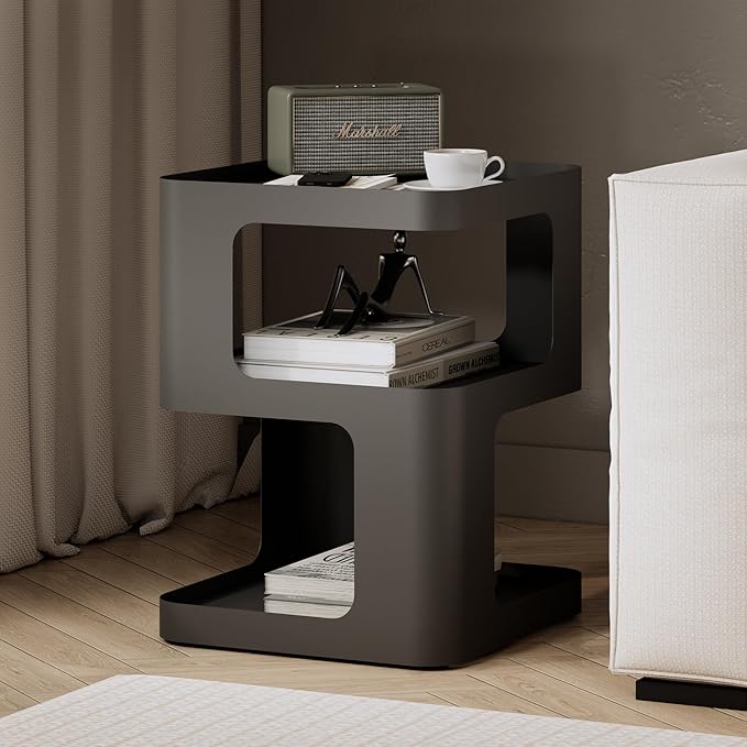 ZEYEXE Modern Side Table, Metal Bedside Table Living Room, 3 Tier end Tables with Storage,Nightstand for Small Spaces, Living Room, Bedroom, Sturdy, No Assembly Required