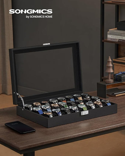 SONGMICS 24-Slot Watch Box, Lockable Watch Storage Case with Glass Lid, Gift Idea, Ink Black Synthetic Leather, Ink Black Lining UJWB024B02